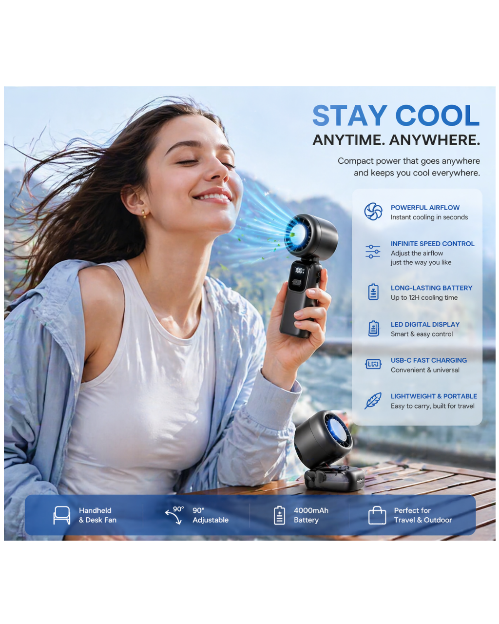 Mini Turbo Handheld Fan — Rechargeable, Adjustable Speed