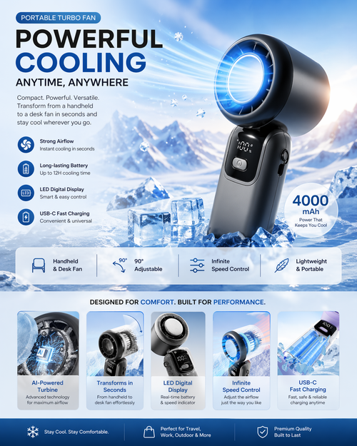 Mini Turbo Handheld Fan — Rechargeable, Adjustable Speed